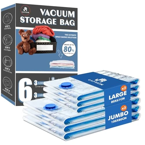 Offerta a tempo: CaptainFive Sacchetti Sottovuoto Vestiti 6 Pezzi 3XL+3L, Sacchi Sottovuoto Piumoni Grandi con Valvola per Aspirapolvere, Buste Salvaspazio per Piumoni, Coperte, Trapunte e Cuscini - 0.00% da 15.99 € a 15.99 €