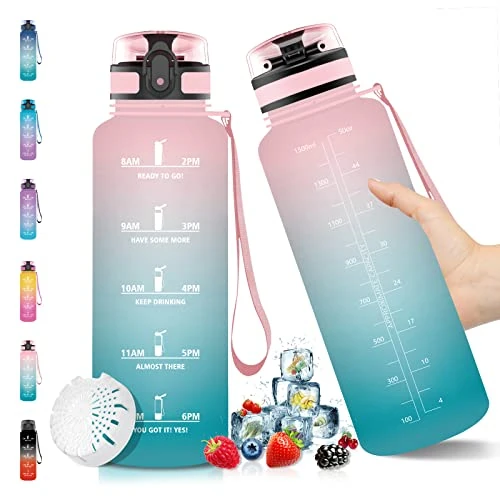 Zeitlich begrenztes Angebot: Vikaster Sportflasche, Wasserflasche 1,5 Liter, Trinkflasche Kohlensäure Geeignet, BPA Frei, Fitness wasserflasche mit Zeitmarkierung&Filter, für Outdoor, Yoga, Gym, Rosa/Cyan Farbverlauf-1,5l von 17.39 € auf 17.39 € (0.00% Ra