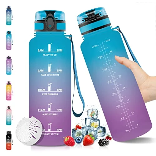Vikaster Botella de Agua, 1500ML Duradera, Botella Motivacional, Reutilizable, con Pajita, a Prueba de Fugas, Botellas de Agua para Escuela, Gimnasio, Oficina, Camping, Deportes