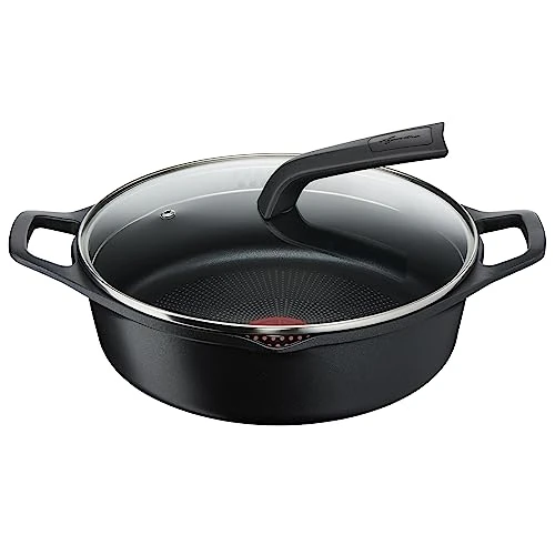 Lagostina Aroma Casseruola Bassa 2 Maniglie con Coperchio, Pentola in Alluminio Pressofuso Ø28cm, Pentola Induzione, Gas e Forno con Cottura Thermo-Signal, Rivestimento Titanium, Coperchio in Vetro