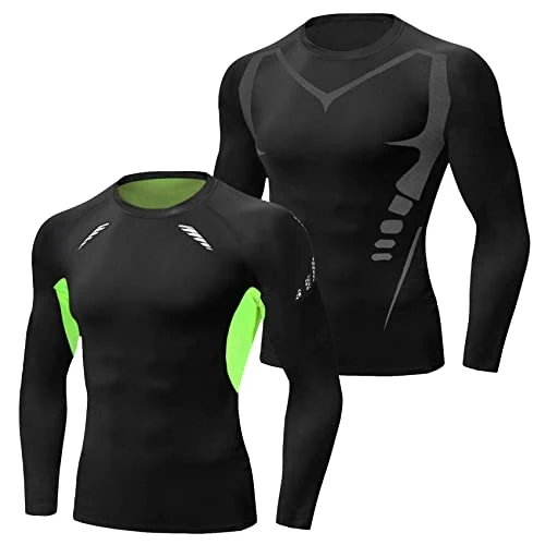 Terecey 2 PCS Mens Compression Tops Base Layer Long Sleeve T-Shirt for Men Dry Fit Cooling Sport Tops for Workout Athletic Training Cycling Gym