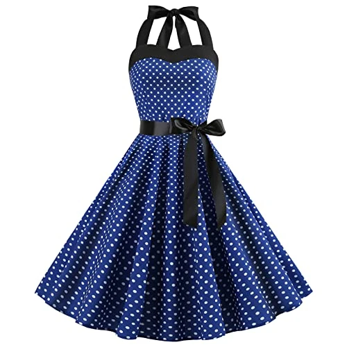 Limitiertes Angebot: Vintage 50er Jahre Kleid Damen Retro Rockabilly Pin Up Elegant Ärmellos Rückenfrei Ausschnitt Herz Polka Dot Trapez Hochzeit Cocktail Abend Party Zeremonie Lässig Knielang Midi S-XXL, dunkelblau von 41.29 EUR auf 41.29 EUR (Spare 0%)