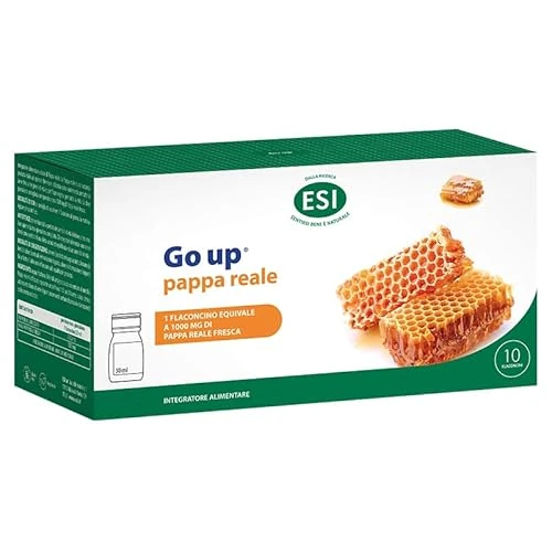 ESI - Go Up Pappa Reale 1000, Integratore Alimentare con Vitamine A, E, B, Magnesio e Potassio, Favorisce il Metabolismo Cellulare, Gusto Fragola, Senza Glutine e Vegetariano, 10 Flaconcini