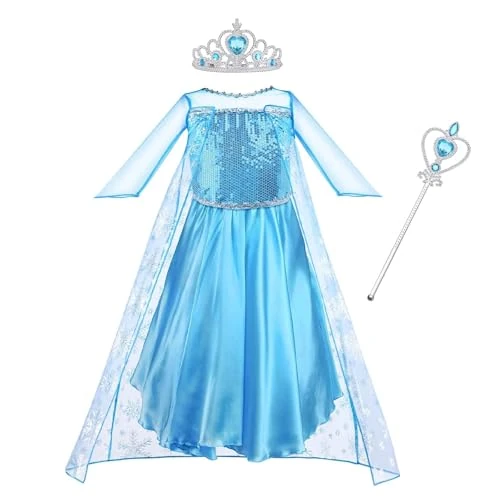 Vicloon Elsa Costume Girls, 3 Pieces Elsa Dress Children's Set with Crown Tiara Wand Halloween Christmas Birthday Party Costume Girl Blue