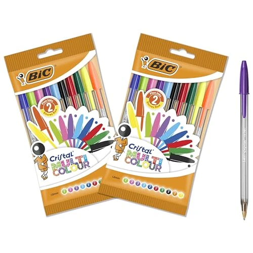 BIC Cristal Multicolor Bolis de Punta Gruesa 1,6 mm con Capuchón Extraíble, Colores vivos Surtidos y Neón, 2 Packs de 10