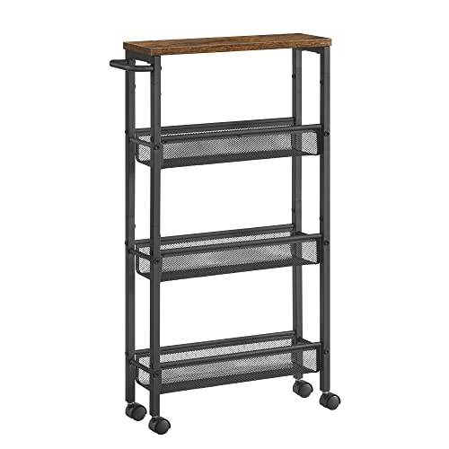 VASAGLE Carro de 4 Niveles, Carro Estrecho de Cocina con Ruedas, con Asa, para Espacio Reducido, 13 x 45,4 x 77 cm, para Cocina, Baño, Salón,Estudio, Marrón Rústico y Negro LRC032B01V1