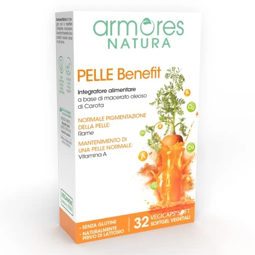 Armores Natura Integratore Alimentare, Pelle Benefit, a Base di Macerato Oleoso di Carota, con Vitamina A e Rame, Vegano, Senza Glutine e Lattosio, Astuccio 32 Softgel Vegetali
