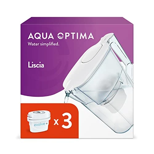 Oferta ograniczona: Aqua Optima Liscia Dzbanek filtrujący do wody i 3 x wkład filtrujący 30 Day Evolve+, pojemność 2,5 l, do redukcji mikroplastiku, chloru, kamienia i zanieczyszczeń, biały (opakowanie może się różnić) z 86.97 EUR na 86.97 EUR (znizka 0%)