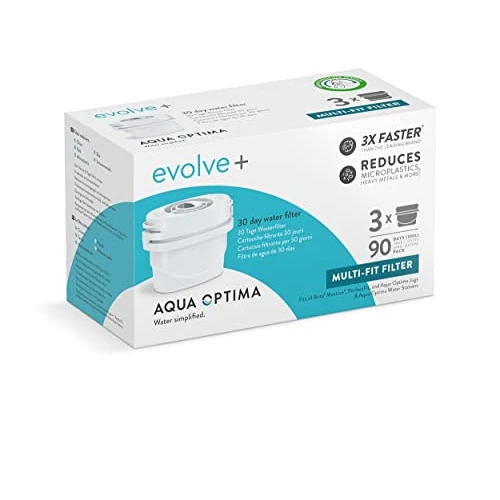 Aqua Optima Wasserfilterkartusche, Evolve+ 3er Pack (Vorrat für 12 Monate), kompatibel mit Brita Maxtra+ & PerfectFit*, 5-stufiges Filtersystem reduziert Chlor, Kalk und andere Verunreinigungen