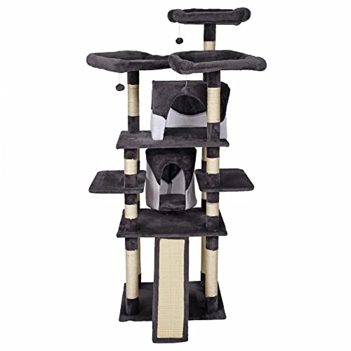 WilTec Drapak dla kota szaro-biały z sizalem 170 cm drapak z deską do drapania, domkami dla kotów i piłkami do zabawy