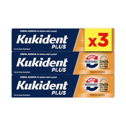 Kukident Plus Bite Unsurpassed Adhesive Cream for Total and Partial Dental Dentures, Neutral Flavour. Pack of 3 x 35 g