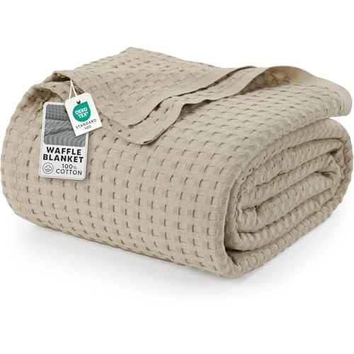 Utopia Bedding Cotton Waffle Blanket 300 GSM (Khaki - 274x228 cm) Soft Lightweight Breathable Bed Blanket Big Size Layering Any Bed for All Season