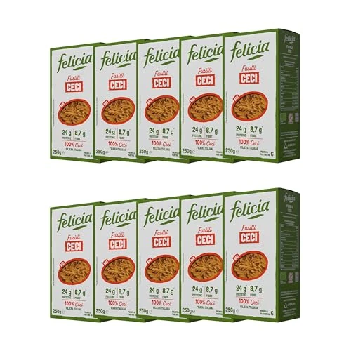 Offerta a tempo: Felicia, Fusilli di Ceci Bio, Pasta Biologica Ricca di Proteine, di Fibre e Sali Minerali, Alto Contenuto di Forsforo, Ferro e Zinco, Box da 10 Confezioni - 0.00% da 27.90 € a 27.90 €