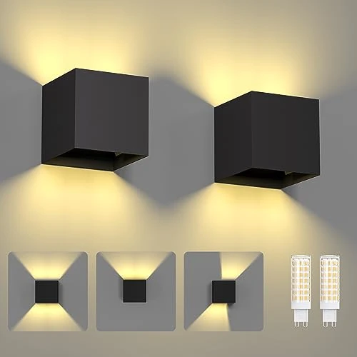 ChangM 2 Piezas Aplique Exterior Pared 7W Lámpara de Pared Led, Con Haz de Luz Ajustable, Lámpara de Pared IP65 Negra, Con Bombilla LED G9 Reemplazable, Carcasa Negra
