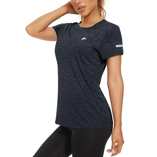 Offerta a tempo: KEFITEVD Melange - Maglietta sportiva da donna, a maniche corte, con strisce riflettenti, traspirante, elasticizzata, scollo rotondo, leggera, ad asciugatura rapida, vestibilità regolare, Nero mélange - 5% da 14.98 € a 14.23 €