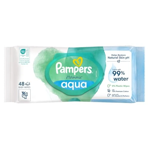 Pampers Harmonie Aqua Chusteczki Nawilżane Dla Niemowląt i Dzieci 48 Sztuk, Ochrona Delikatnej Skóry Dziecka, Wykonane w 99% z Czystej Wody