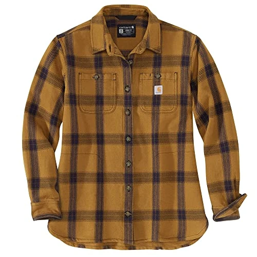 Carhartt Women's Loose Fit Heavyweight Twill Long-Sleeve Plaid Shirt Work Utility Button Down Shirt, Carhartt Brown,