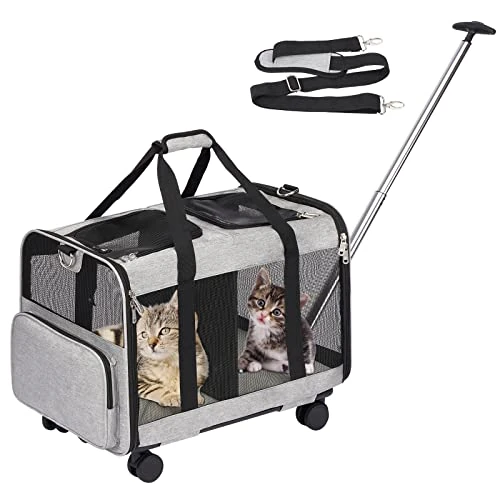FASNATI Transportador de Mascotas de Doble Compartimento con Ruedas Desmontables para Gatos y Perros, diseño súper ventilado, Ideal para Viajar, Caminar, Acampar, Gris
