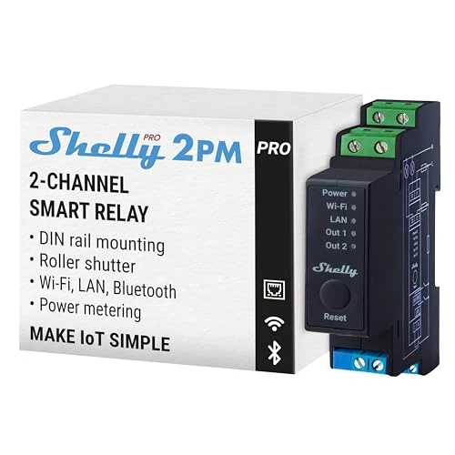 Shelly Pro 2PM - Interrupteur connecté sur rail DIN, W-Fi, LAN Biphasé - 25 A, Compteur consommation électrique, Contrôle à distance Éclairage, app iOS Android, Compatible Alexa, Google Home