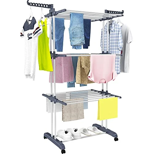 Limited-time offer: Clothes Airer Tower, Large Mobile Tower Made of Stainless Steel with Side Wings with Wheels, Grey from 29.99 £ to 22.99 £ (save 23.34%)