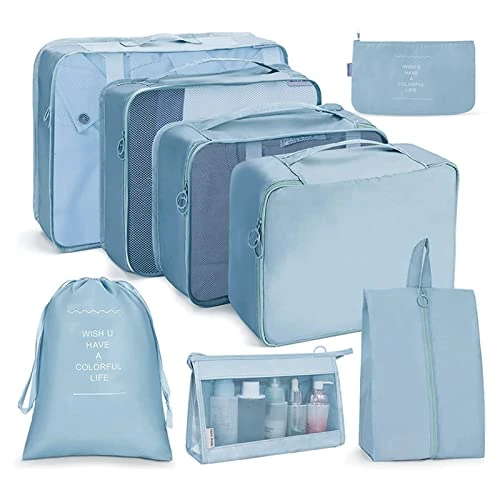 OSDUE Organisateur Valise, Organisateur de Voyage, Lot de 8 Organiseurs de Bagage pour Voyage,Différents Tailles des Cubes Étanche Sacs de Voyage Rangement (Bleu)
