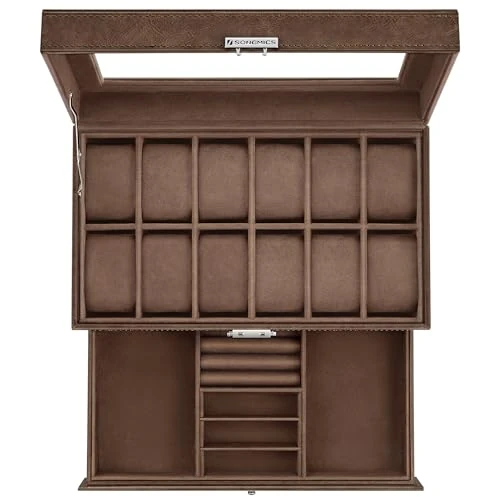 Zeitlich begrenztes Angebot: SONGMICS Uhrenbox, Uhrenkasten mit Glasdeckel, 2 Ebenen, für 12 Uhr, abschließbar, 1 Schublade, für Ringe, Armbänder, Geschenkidee, PU-Bezug in Braun, Innenfutter in Braun JWB012K01 von 33.99 € auf 28.89 € (15% Rabatt)