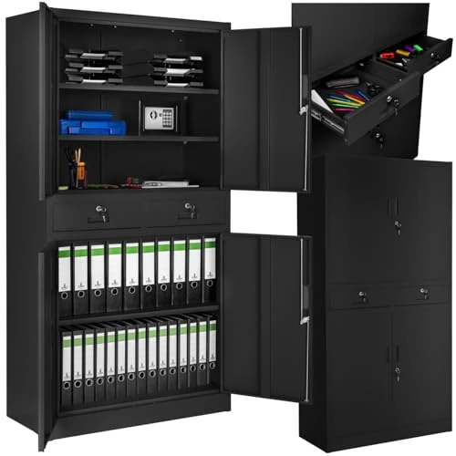 TecTake Filing Cabinet with 2 Cabinet Compartments and 2 Drawers, Lockable, Easy Assembly, 180 x 80 x 40 cm (Black)