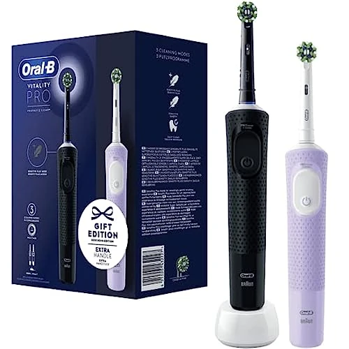Oral-B Vitality Pro Lot de 2 brosses à dents électriques avec 2 brosses de rechange, 3 modes de nettoyage pour soins dentaires, cadeau pour homme/femme, conçu par Braun, noir/violet