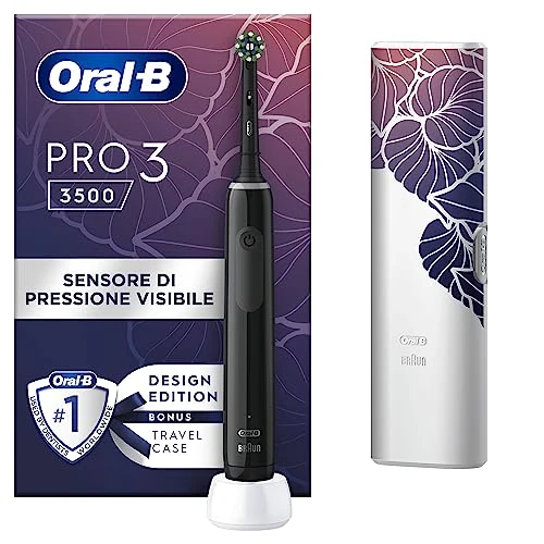 Oral-B Pro 3 3500 Electric Toothbrush, with Pressure Sensor to Protect Gums, 3 Cleaning Modes, 1 Black Handle, 1 Travel Case, 1 Replacement Round Brush