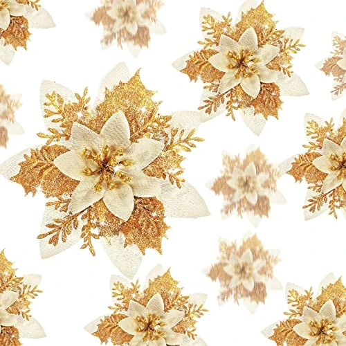 Offerta a tempo: Geosar 24 Pezzi di Fiori Artificiali di Stella di Natale Glitterati Poinsettia di Natale con Clip per Addobbi di Regali e Alberi di Natale, 6 Pollici, 4 Pollici, 3 Pollici (Oro) - 0.00% da 21.38 € a 21.38 €