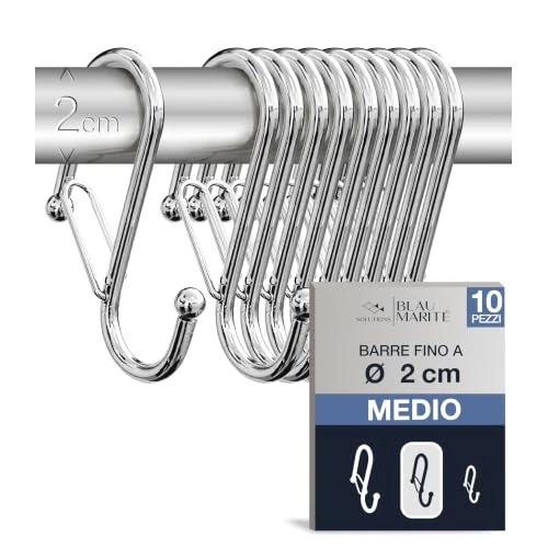 Offerta a tempo: Blau Marité Pack de 10 Ganchos en S para Colgar – Ganchos en Forma de Ese con Cierre Anticaída para Cocina, Baño, Armario y Almacenaje – Gancho para Barras de hasta 2 cm Diámetro – Cromado - 0.00% da 15.99 € a 15.99 €