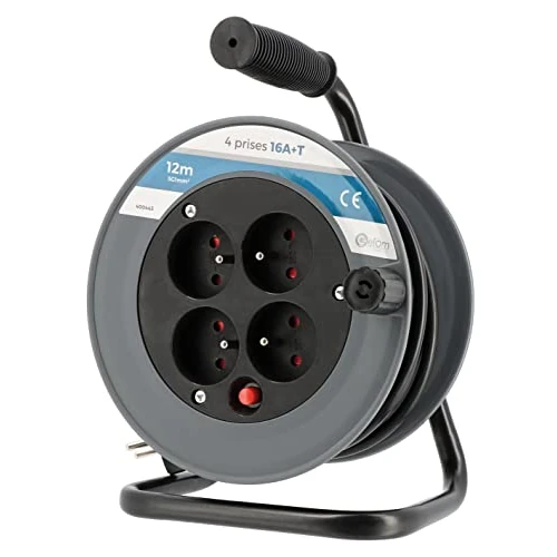 Carrete eléctrico compacto 12 metros, cable 3 g1 mm², 4 tomas 16 A + tierra
