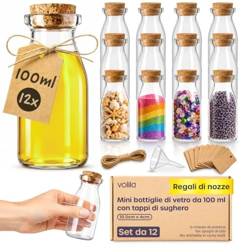 Offerta a tempo: Volila Vasetti Vetro Piccoli (100 ml o 96,4 g) Bomboniere con coperchi in sughero, Set di 12, Portaconfetti con imbuto, etichette ed spago - 0.00% da 16.99 € a 16.99 €