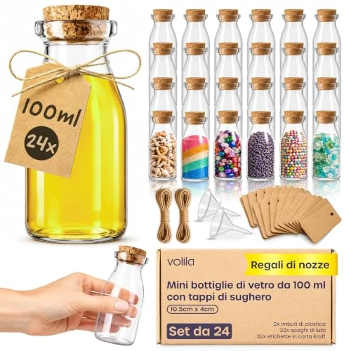 Offerta a tempo: Volila Vasetti Vetro Piccoli (100 ml o 96,4 g) Bomboniere con coperchi in sughero, Set di 24, Portaconfetti con imbuto, etichette ed spago - 0.00% da 22.99 € a 22.99 €