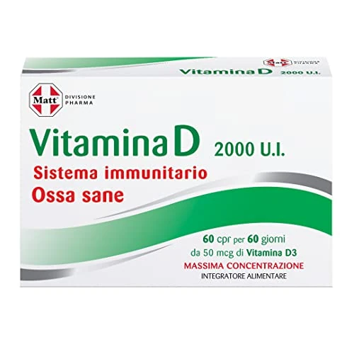 Offerta a tempo: Matt, Vitamina D 2000 U.I., Integratore Alimentare per le Difese Immunitarie, Contribuisce al Mantenimento di Ossa e Denti Sani, Confezione da 60 Compresse - 28% da 5.90 € a 4.24 €
