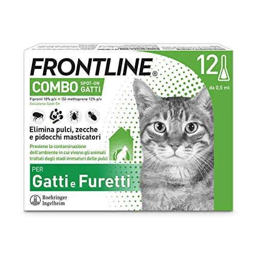 Offerta a tempo: FRONTLINE Combo, 12 Pipette, Antiparassitario per Gatti, Gattini e Furetti di Lunga Durata, Protegge da Pulci, Zecche, Uova, Larve e Anche la Casa, Antipulci In 2 Confezioni da 6 Pipette da 0.5 ml - 29% da 72.81 € a 51.57 €
