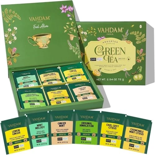 Offre limitee: VAHDAM, Coffret cadeau de thé vert (6 saveurs, 36 sachets pyramidaux) – Coffret dégustation exclusif de Noël – Sachets pyramidaux feuilles longues | Cadeaux de Noël pour femmes et hommes de 19.23 EUR a 19.23 EUR (economie 0%)