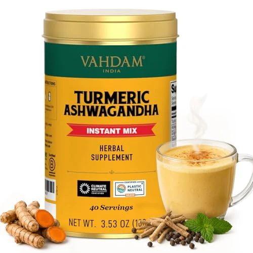 Tijdelijke aanbieding: VAHDAM, Gouden melkpoeder/Turmeric Ashwagandha latte mix (40 kopjes) cafeïnevrij gouden melk-theepoeder met curcumine, kurkuma poeder & ashwagandha | hete / ijsthee of kurkuma-latte brouwen van 19.47 € naar 16.78 € (13.82% korting)