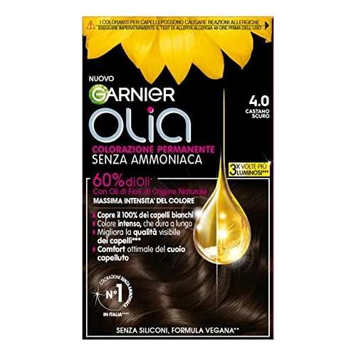 Garnier Olia - Tinte para el cabello, color permanente, sin amoniaco, cubre el 100% del pelo blanco, con aceites de flor de origen natural, fórmula vegana, marrón oscuro