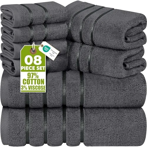 Offerta a tempo: Utopia Towels Set di asciugamani di lusso, 8 pezzi, 2 asciugamani da bagno, 2 asciugamani per le mani e 4 asciugamani da bagno, 600 g/m², 100% cotone filato ad anello, altamente assorbenti, a righe, - 15% da 40.64 € a 34.42 €
