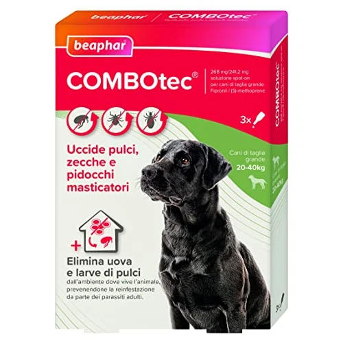 Beaphar COMBOTEC Antiparassitario per Cane Taglia Grande (20-40 Kg), Protegge da Pulci, Zecche, Uova, Larve e anche la Casa - In Confeziona da 3 Pipette