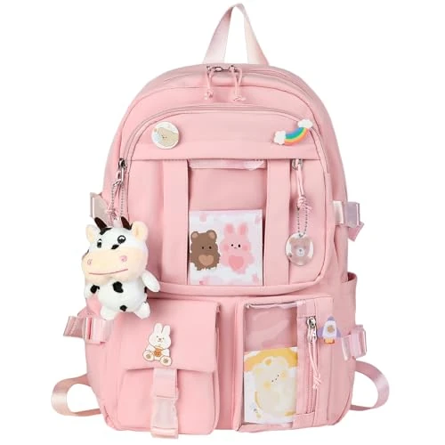 Offerta a tempo: HORHEAR Zaino Kawaii con Accessori Graziosi Pin, Peluche Giocattolo Animale e Carta dei Cartoni Animati, Backpack, Zaino Scolastico(Stile-2-Rosa) - 28% da 29.99 € a 21.59 €
