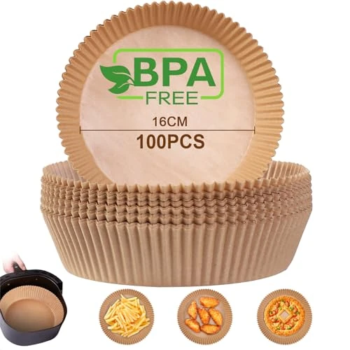 AiQInu Papel Freidora Aire,100 Piezas Pergamino Redondas Forro de Papel Desechable, para Horno, Papel de Aceite Silicona Antiadherente para Hornear Asar y Microondas, Backpapier