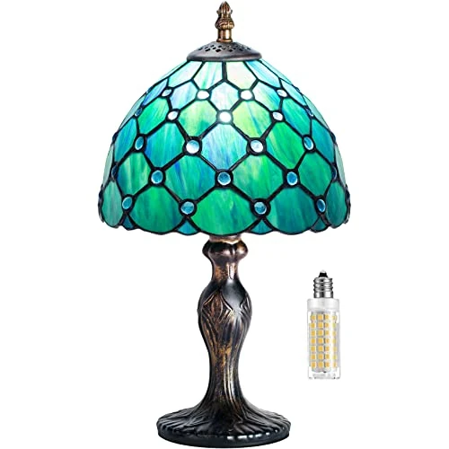 MIAOKE Lampe Stained Glass Lamp Vintage - Style Fleur Vitrail, Art Déco Convient pour chambre à coucher, lampe de chevet, bureau, étude - Ampoule E27 Non Fournie (Perles Vertes)