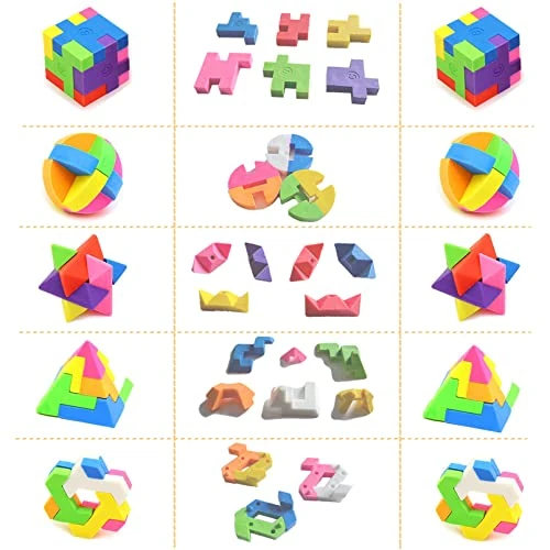 ICEPAPA Cube Puzzle Erasers, 10 PCS Multi-colored Cube, Ball, Pyramid, Star, Flower Shapes, TPR Material, Perfect for School, Parties, Gifts