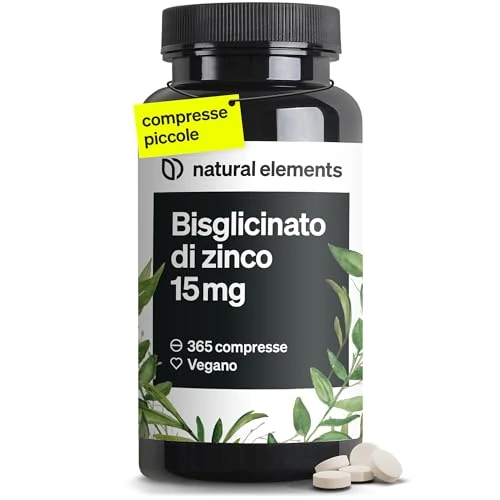 natural elements Zinc Bisglicinato 15mg - 365 comprimidos (1 año) - Para el pelo, piel, uñas y reforzar sistema inmunológico - Bisglicinato de zinc alta biodisponibilidad