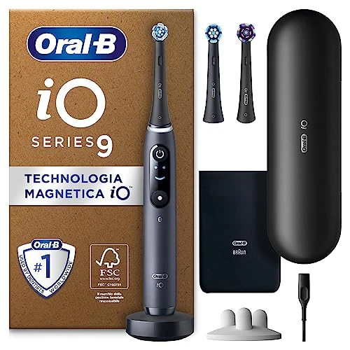 Oral-B iO 9 Zwarte Elektrische Tandenborstel, 3 Opzetborstels, 1 Oplaadreisetui, 1 Etui voor de oplafder,1 Opzetborstel houder