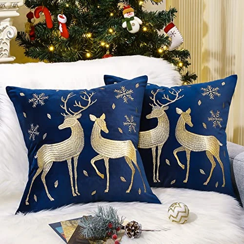 Oferta limitada: Lewondr Funda de Almohada Decorativa de Navidad, 2 PCS 45x45cm Funda de Almohada Navideña de Terciopelo Suave con Bordado de Alces, Cubierta de Cojín para Sofá Silla Banco Cama Coche, Azul + Oro de 22.99 EUR a 8.99 EUR (ahorro 61%)