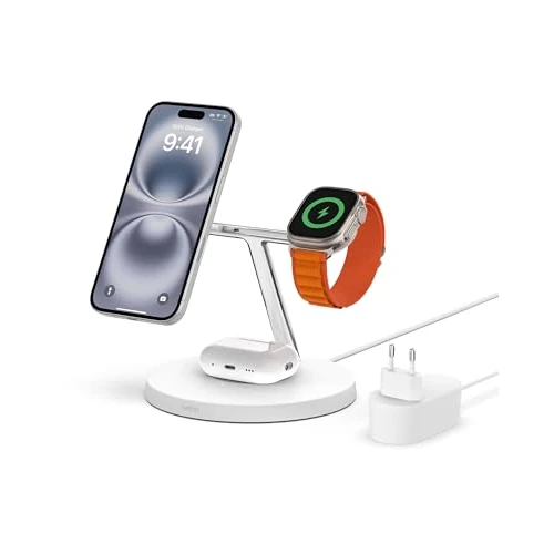 Offre limitée : Belkin Chargeur magnétique 3-en-1 MagSafe, 15 W, chargeur sans fil, recharge rapide d'iPhone, d'Apple Watch et d'AirPods, chargeur MagSafe sans fil pour iPhone 16, 15, 14, 13, Apple Watch et AirPods de 149.99 € à 140.00 € (7% de remise)