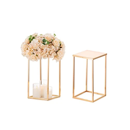 Sziqiqi Gold Vase For Wedding With Plates - 40cm Rectangle Metal Column Geometric Flower Stand Set of 2 - Centrepieces Vases Display Rack Decorations For T-Stage Reception Party Event Christmas